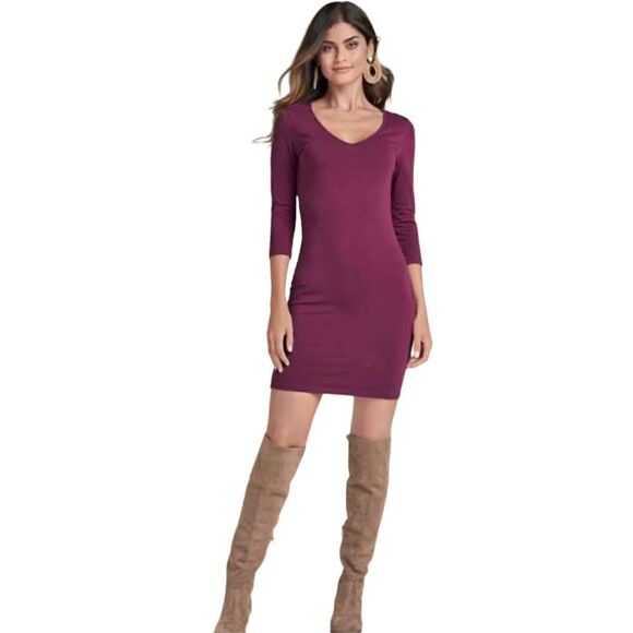 Venus Burgundy Long & Learn Deep V Neck Mini T-shirt Dress 1X Plus Size Casual - Picture 2 of 8